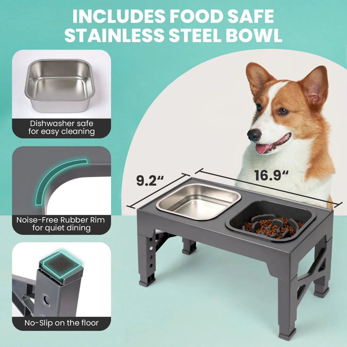 2-in-1 Elevated Slow Feeder Dog Bowls, Non-Slip Stainless Steel/Plastic/ Pet Food & Water Bowls with Foldable Stand - Bargain Warriors LLC