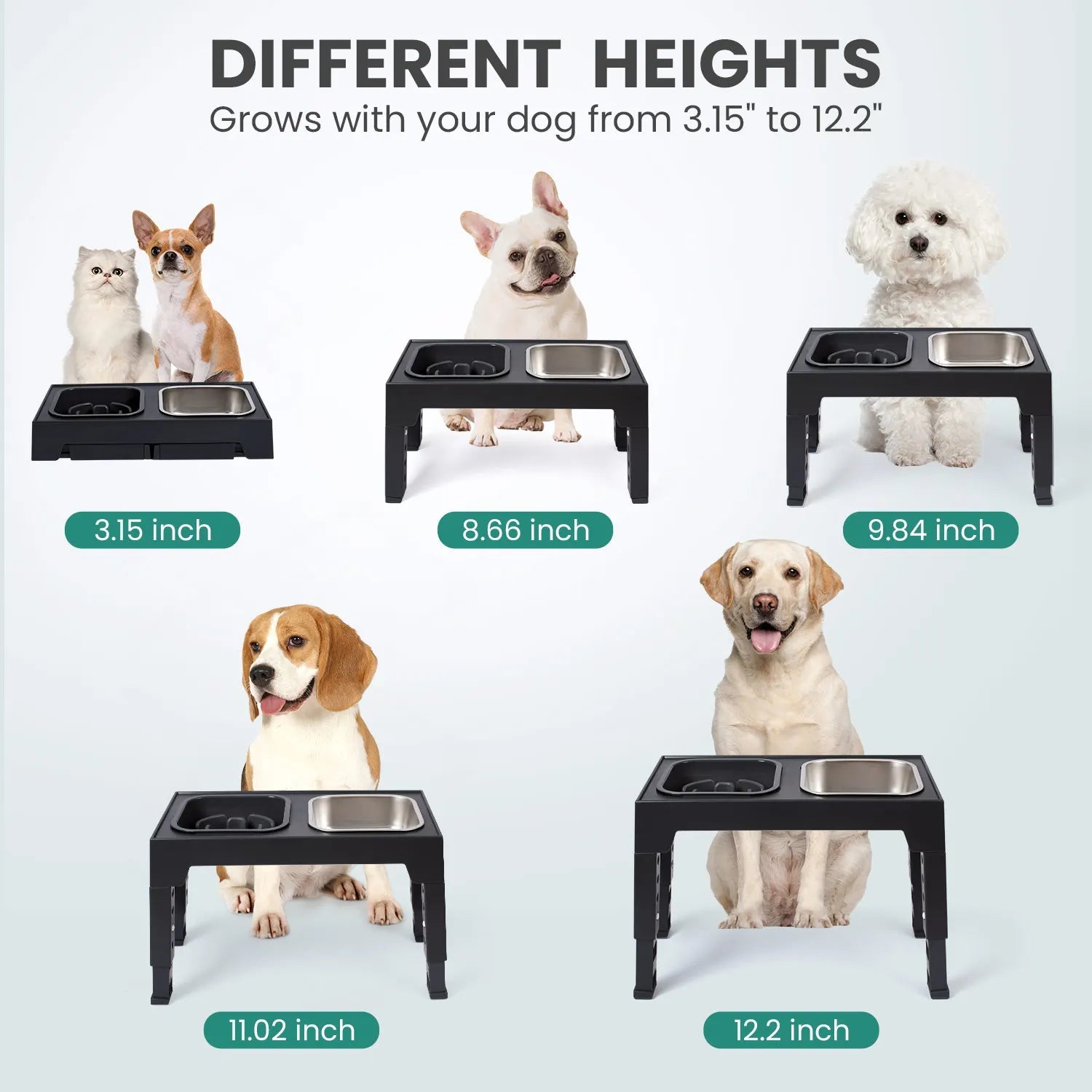 2-in-1 Elevated Slow Feeder Dog Bowls, Non-Slip Stainless Steel/Plastic/ Pet Food & Water Bowls with Foldable Stand - Bargain Warriors LLC