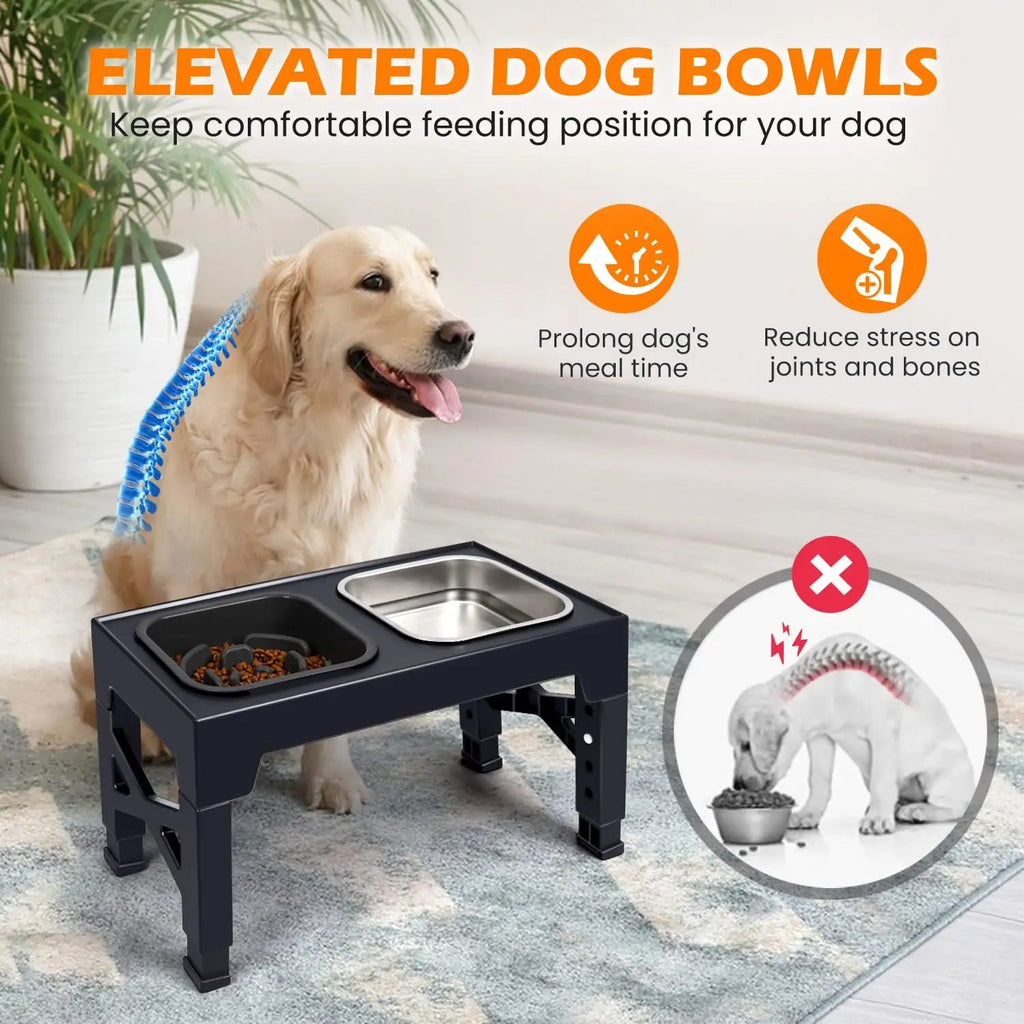 2-in-1 Elevated Slow Feeder Dog Bowls, Non-Slip Stainless Steel/Plastic/ Pet Food & Water Bowls with Foldable Stand - Bargain Warriors LLC