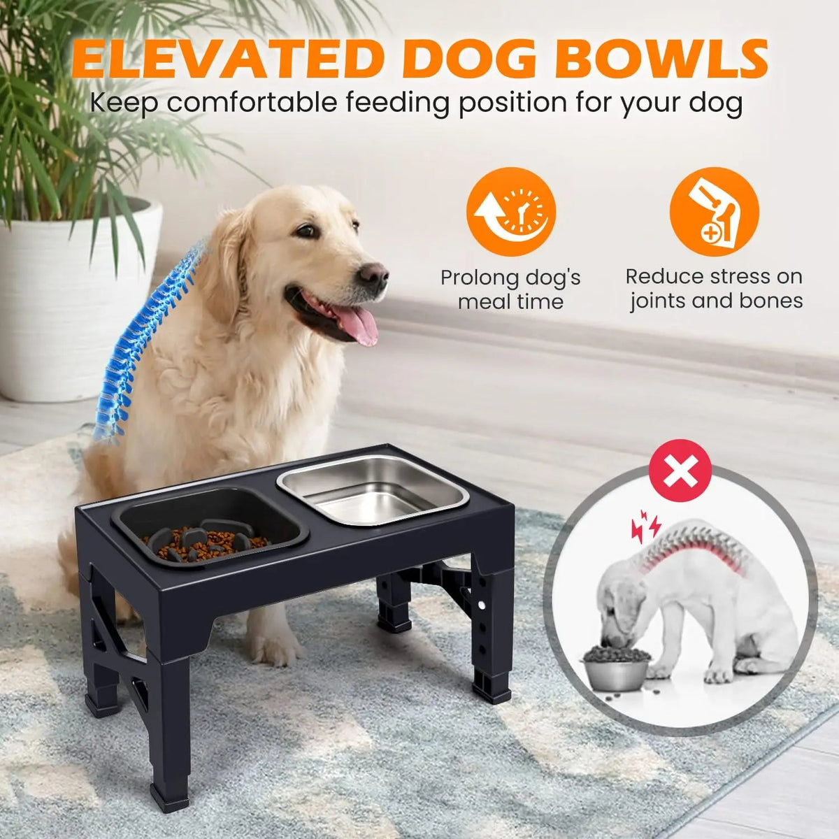 2-in-1 Elevated Slow Feeder Dog Bowls, Non-Slip Stainless Steel/Plastic/ Pet Food & Water Bowls with Foldable Stand - Bargain Warriors LLC