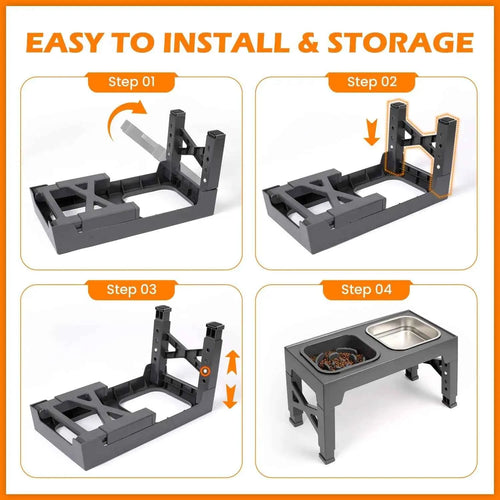 2-in-1 Elevated Slow Feeder Dog Bowls, Non-Slip Stainless Steel/Plastic/ Pet Food & Water Bowls with Foldable Stand