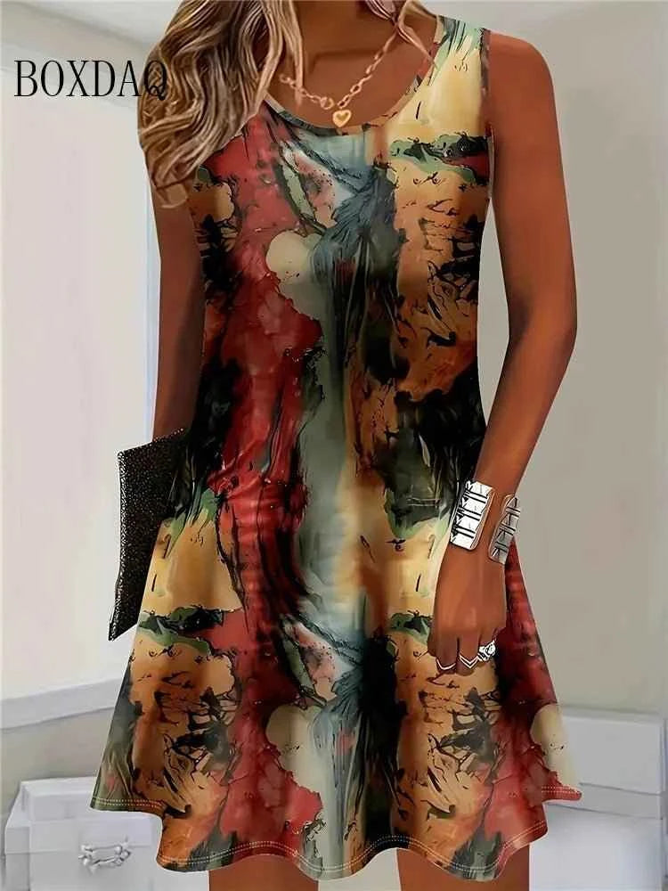 2025 Women Summer Sleeveless Bohemian Dress Fashion Imitate Cowboy Vest Flowers Print Dress Casual Tank Beach Dresses For Women
