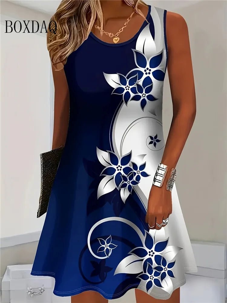 2025 Women Summer Sleeveless Bohemian Dress Fashion Imitate Cowboy Vest Flowers Print Dress Casual Tank Beach Dresses For Women - Bargain Warriors LLC