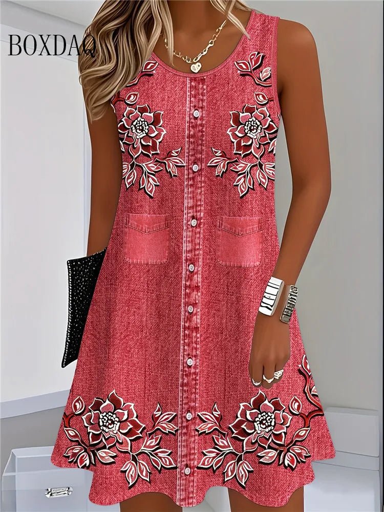 2025 Women Summer Sleeveless Bohemian Dress Fashion Imitate Cowboy Vest Flowers Print Dress Casual Tank Beach Dresses For Women - Bargain Warriors LLC