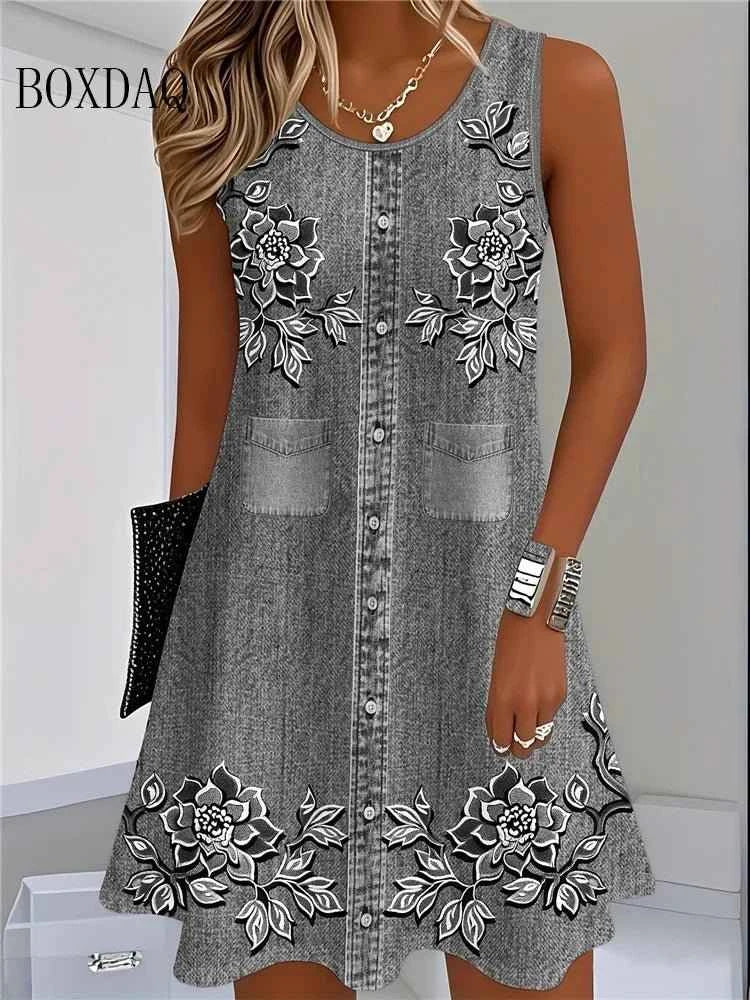 2025 Women Summer Sleeveless Bohemian Dress Fashion Imitate Cowboy Vest Flowers Print Dress Casual Tank Beach Dresses For Women