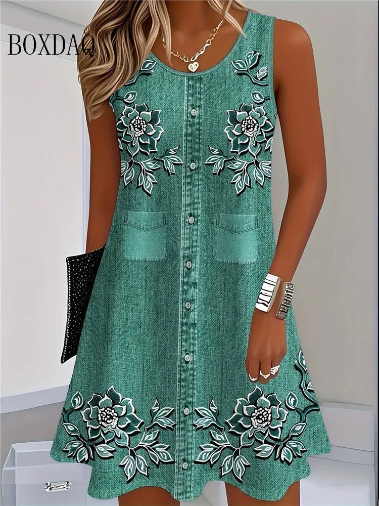 2025 Women Summer Sleeveless Bohemian Dress Fashion Imitate Cowboy Vest Flowers Print Dress Casual Tank Beach Dresses For Women - Bargain Warriors LLC