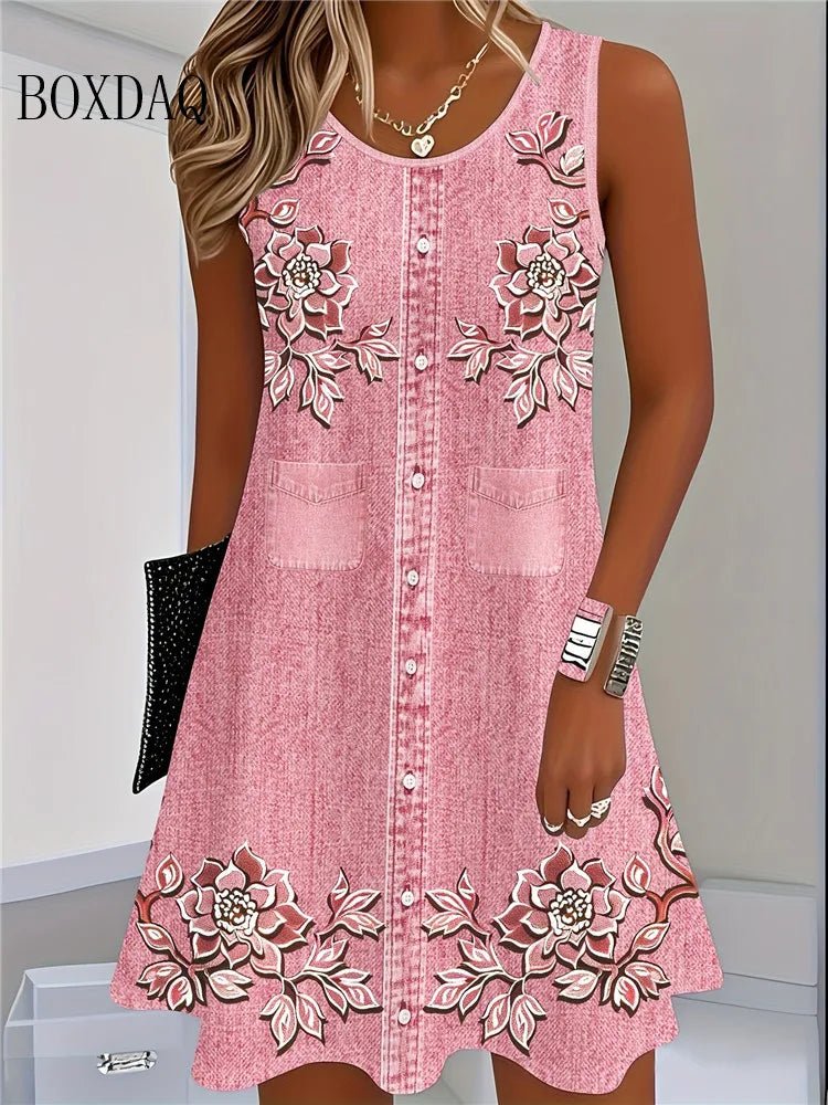 2025 Women Summer Sleeveless Bohemian Dress Fashion Imitate Cowboy Vest Flowers Print Dress Casual Tank Beach Dresses For Women - Bargain Warriors LLC