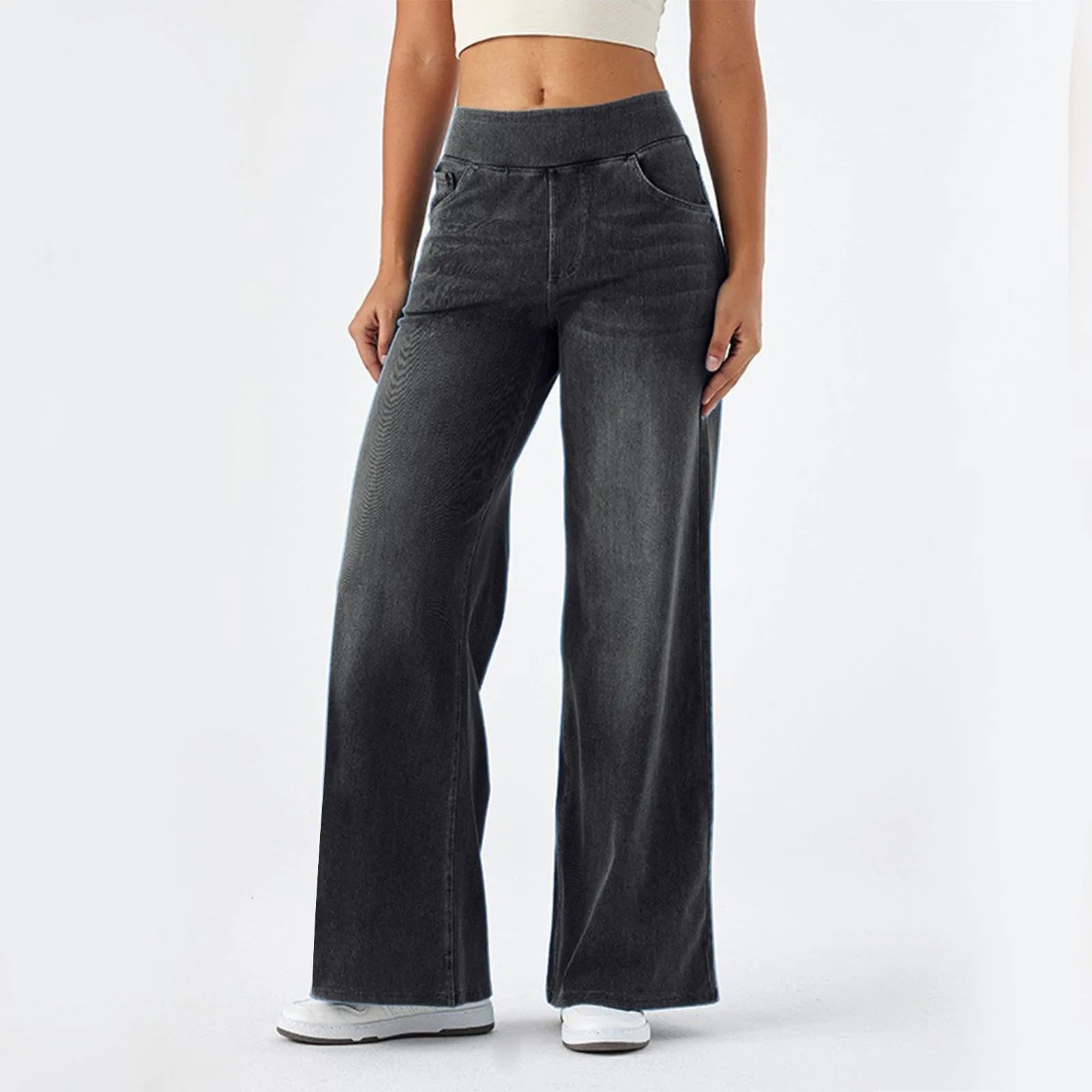 Fashion Baggy Jeans For Women Bleached Vintage High Waist Wide Leg Denim Pants With Pockets Boyfriend Stretchy Palazzo Pants