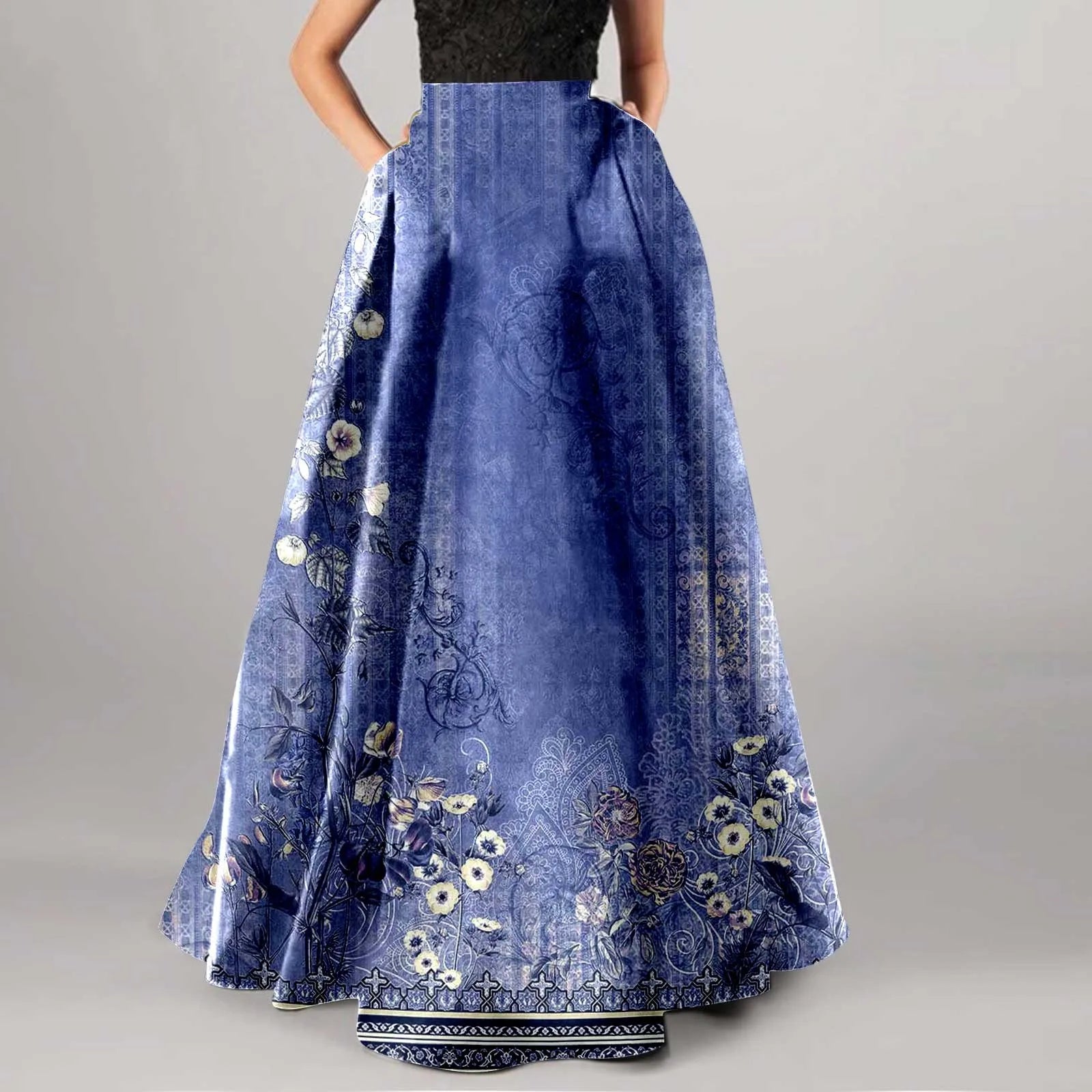 High Waist Pocket Skirts For Women Fashion Bohemian Floral Print Maxi Skirt Party Beach Long Skirt Elegant Vintage Clothing