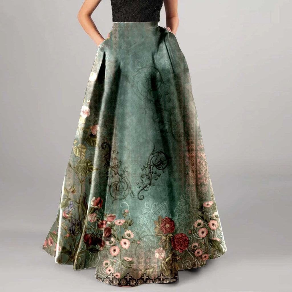 High Waist Pocket Skirts For Women Fashion Bohemian Floral Print Maxi Skirt Party Beach Long Skirt Elegant Vintage Clothing