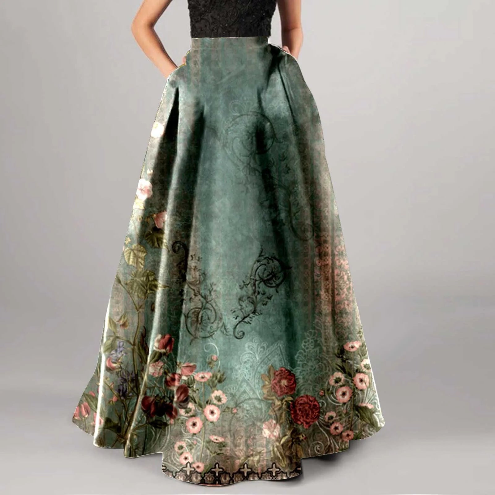 High Waist Pocket Skirts For Women Fashion Bohemian Floral Print Maxi Skirt Party Beach Long Skirt Elegant Vintage Clothing