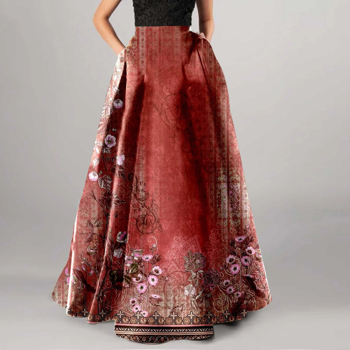 High Waist Pocket Skirts For Women Fashion Bohemian Floral Print Maxi Skirt Party Beach Long Skirt Elegant Vintage Clothing