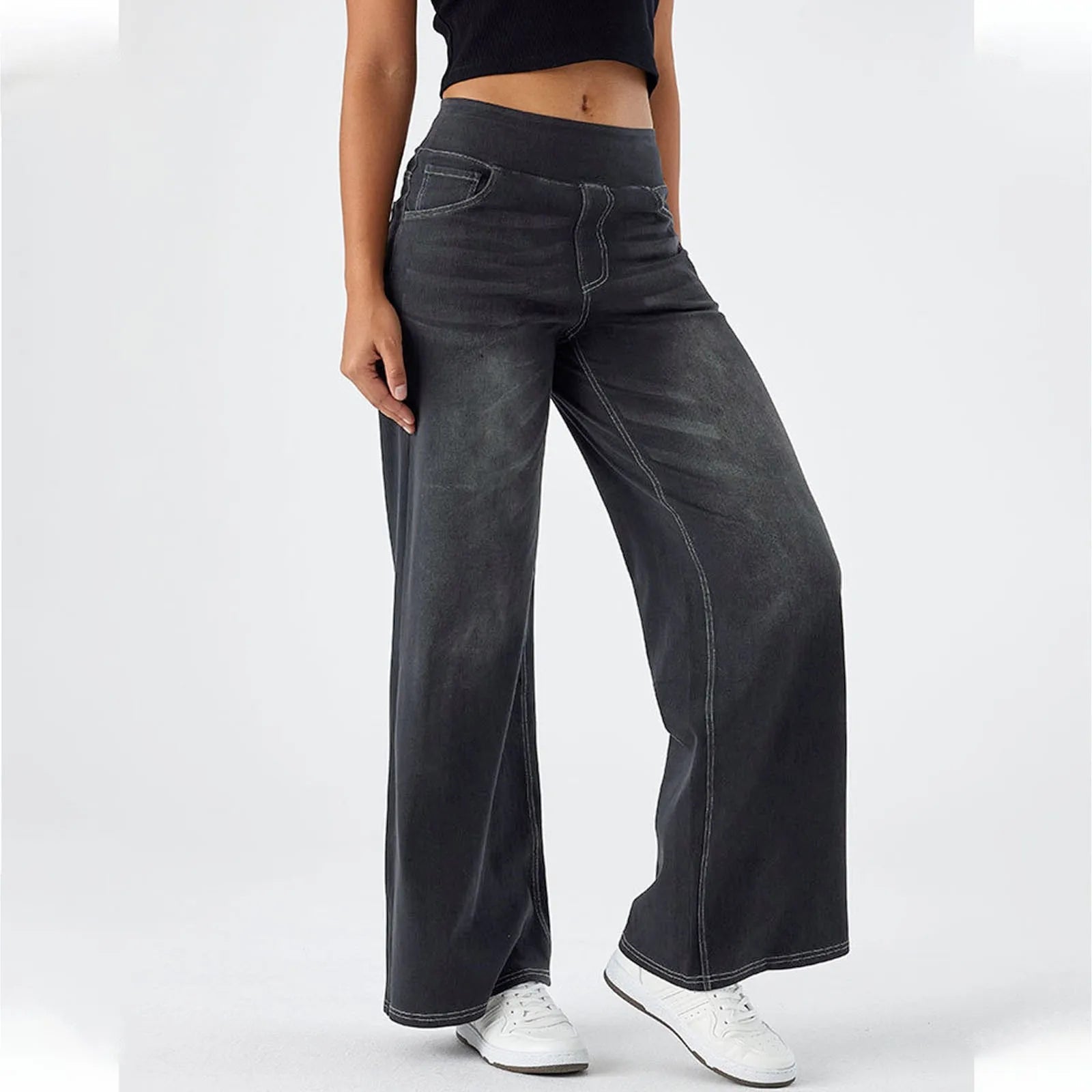 Fashion Baggy Jeans For Women Bleached Vintage High Waist Wide Leg Denim Pants With Pockets Boyfriend Stretchy Palazzo Pants - Bargain Warriors LLC