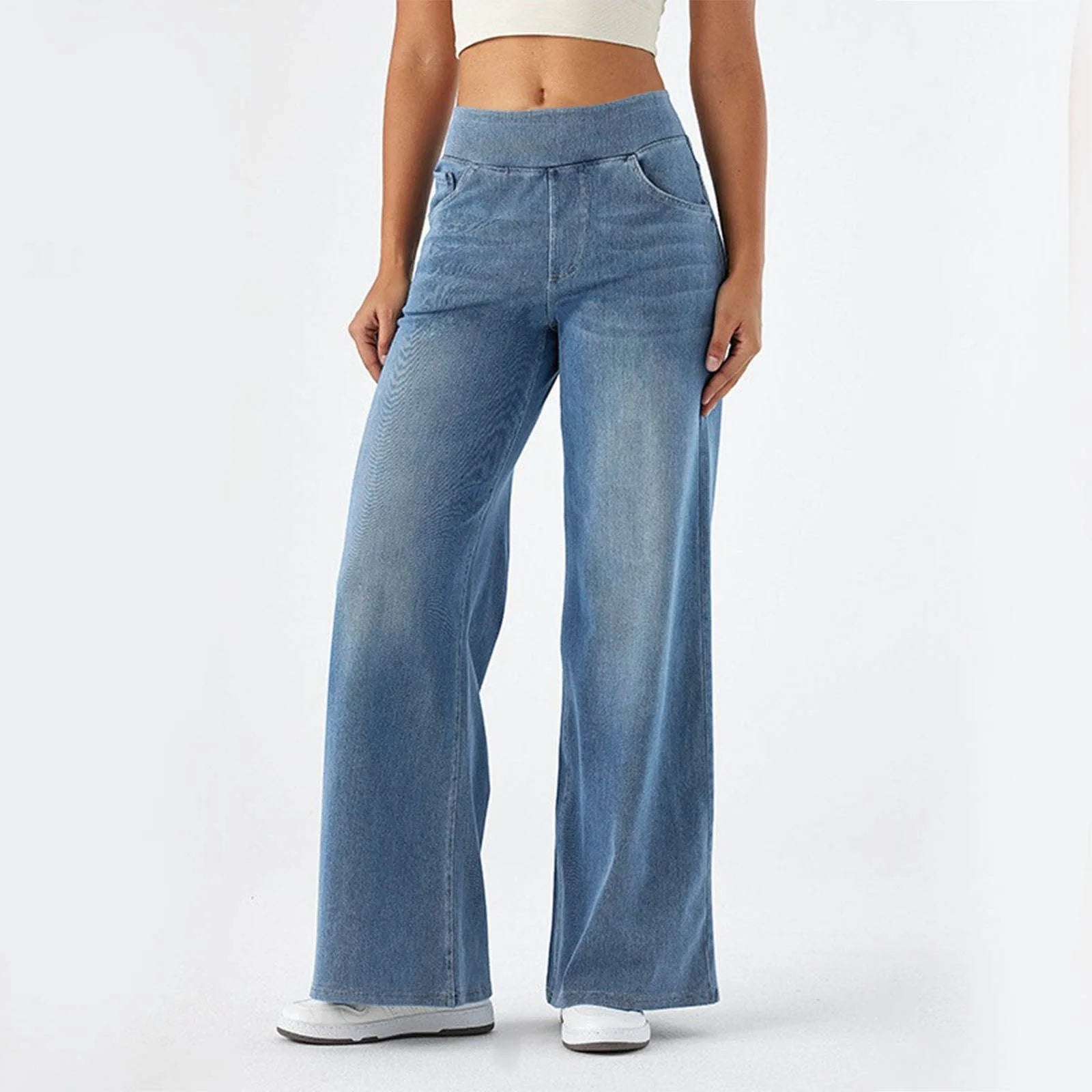 Fashion Baggy Jeans For Women Bleached Vintage High Waist Wide Leg Denim Pants With Pockets Boyfriend Stretchy Palazzo Pants - Bargain Warriors LLC