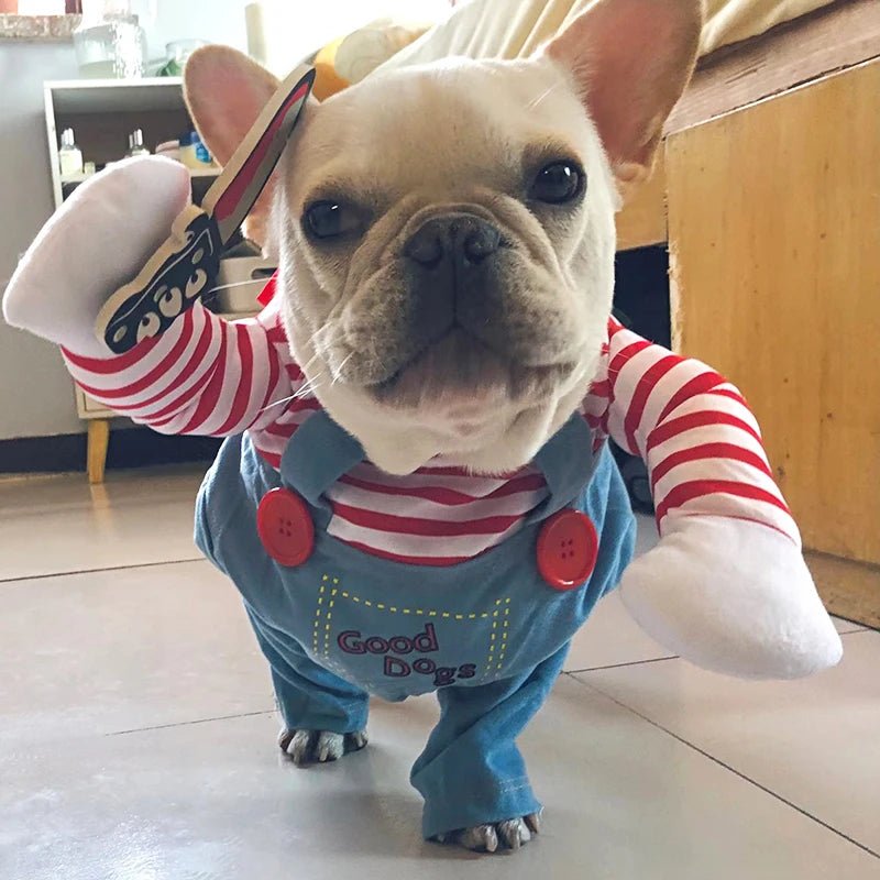 Funny Halloween Dog Costume for Small & Medium Dogs - Adjustable Pet Cosplay Outfit with Foam Knife Prop - Bargain Warriors LLC
