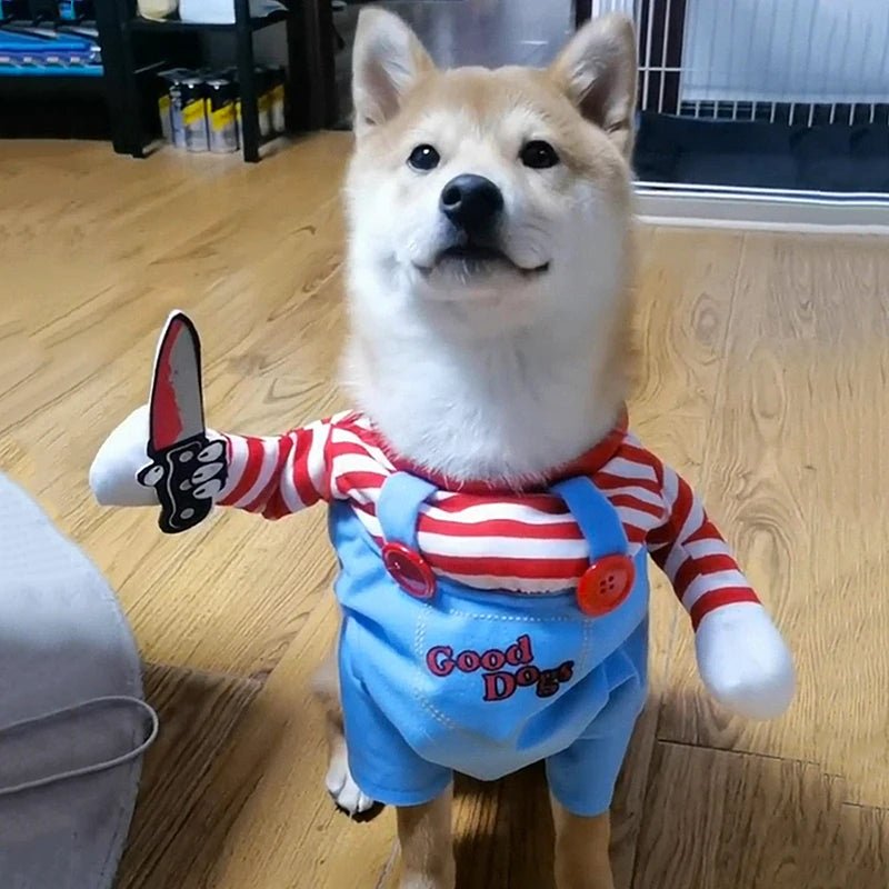 Funny Halloween Dog Costume for Small & Medium Dogs - Adjustable Pet Cosplay Outfit with Foam Knife Prop - Bargain Warriors LLC