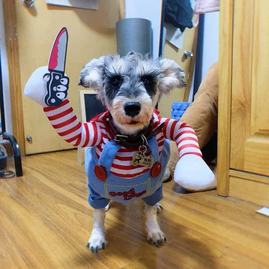 Funny Halloween Dog Costume for Small & Medium Dogs - Adjustable Pet Cosplay Outfit with Foam Knife Prop - Bargain Warriors LLC
