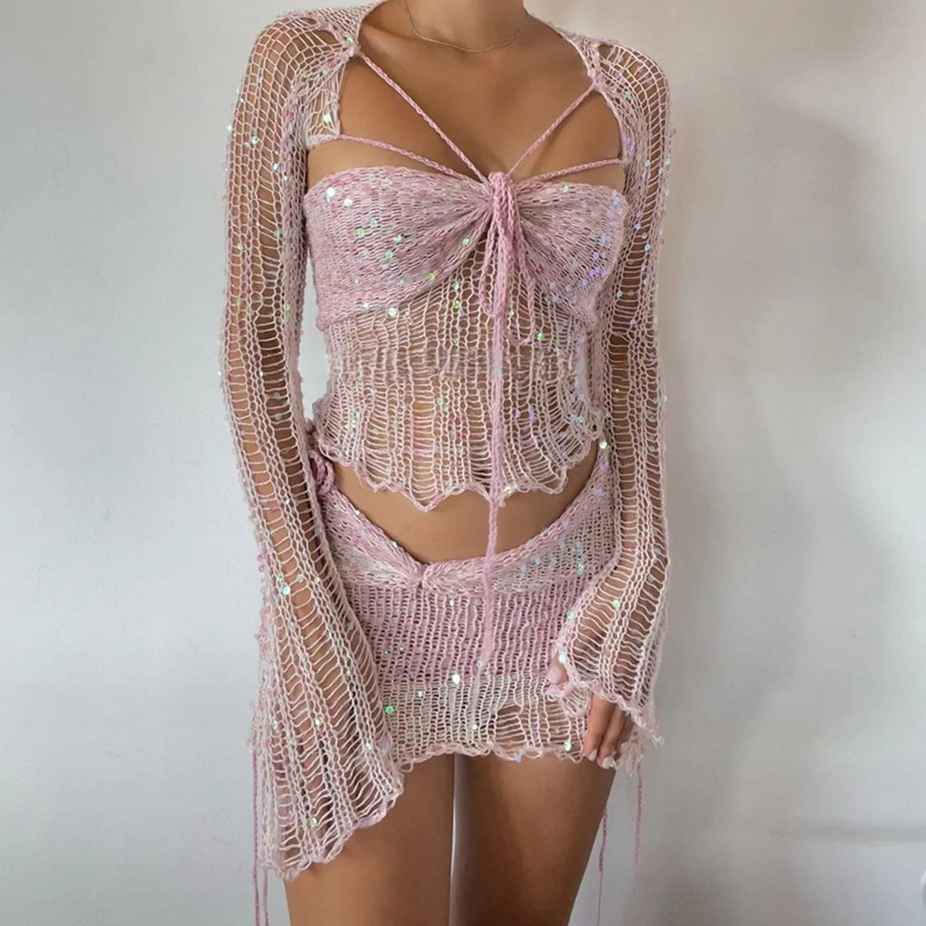 Glitter Sequins Knitted Skirt Sets Women Fashion Hollow Sequins Bandage Tube Top Mini Skirts 3 Piece Outfit Vacation Clothing - Bargain Warriors LLC