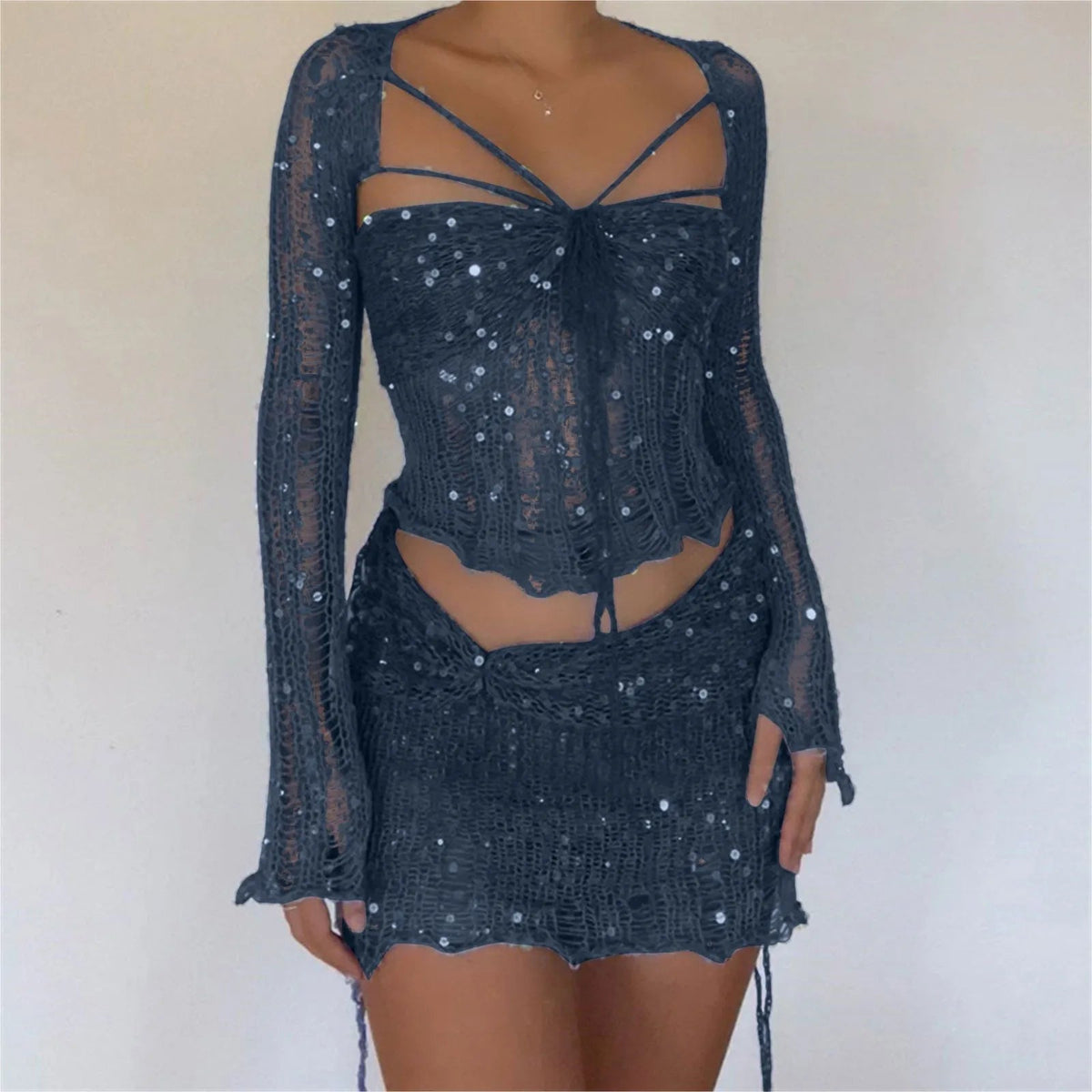 Glitter Sequins Knitted Skirt Sets Women Fashion Hollow Sequins Bandage Tube Top Mini Skirts 3 Piece Outfit Vacation Clothing - Bargain Warriors LLC
