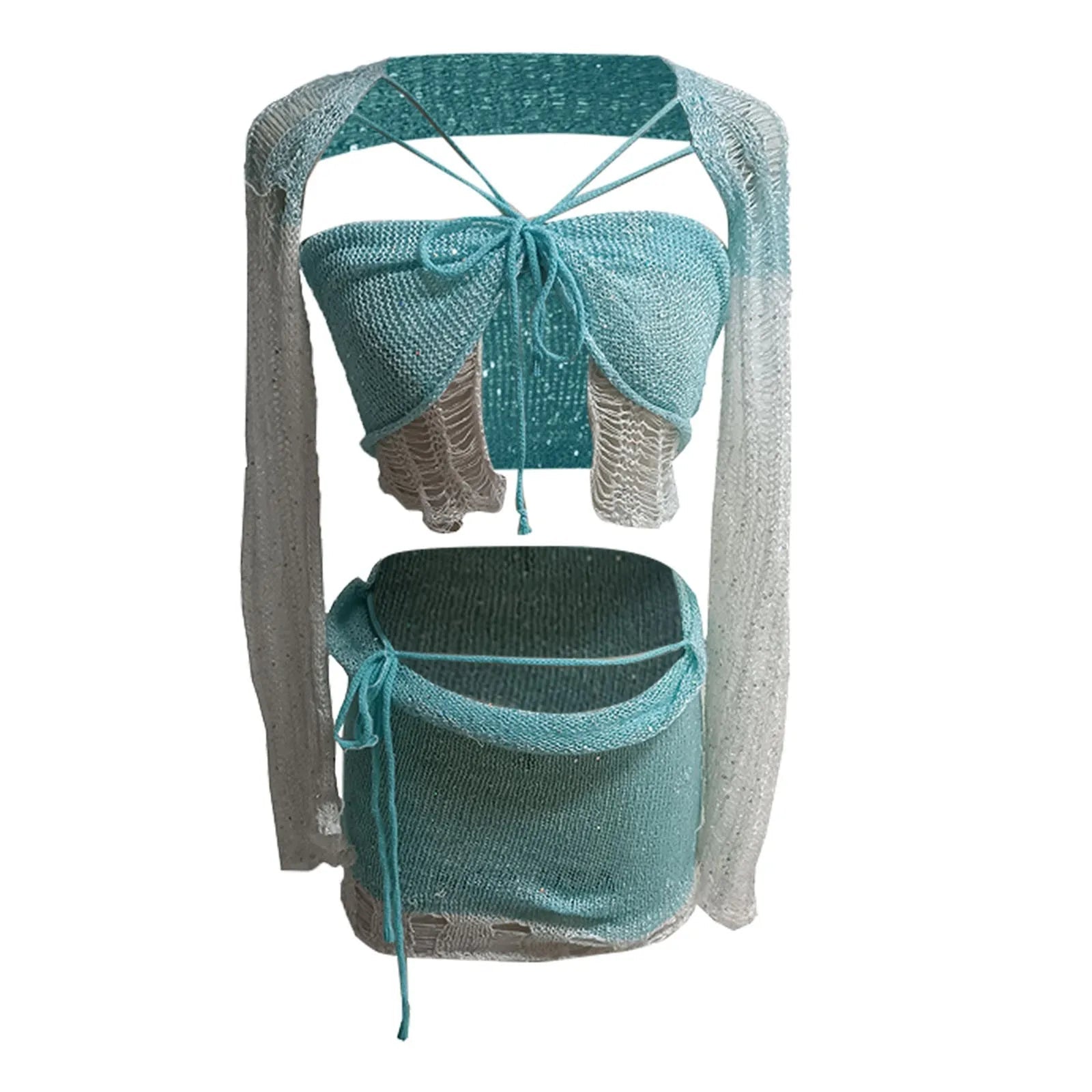 Glitter Sequins Knitted Skirt Sets Women Fashion Hollow Sequins Bandage Tube Top Mini Skirts 3 Piece Outfit Vacation Clothing - Bargain Warriors LLC