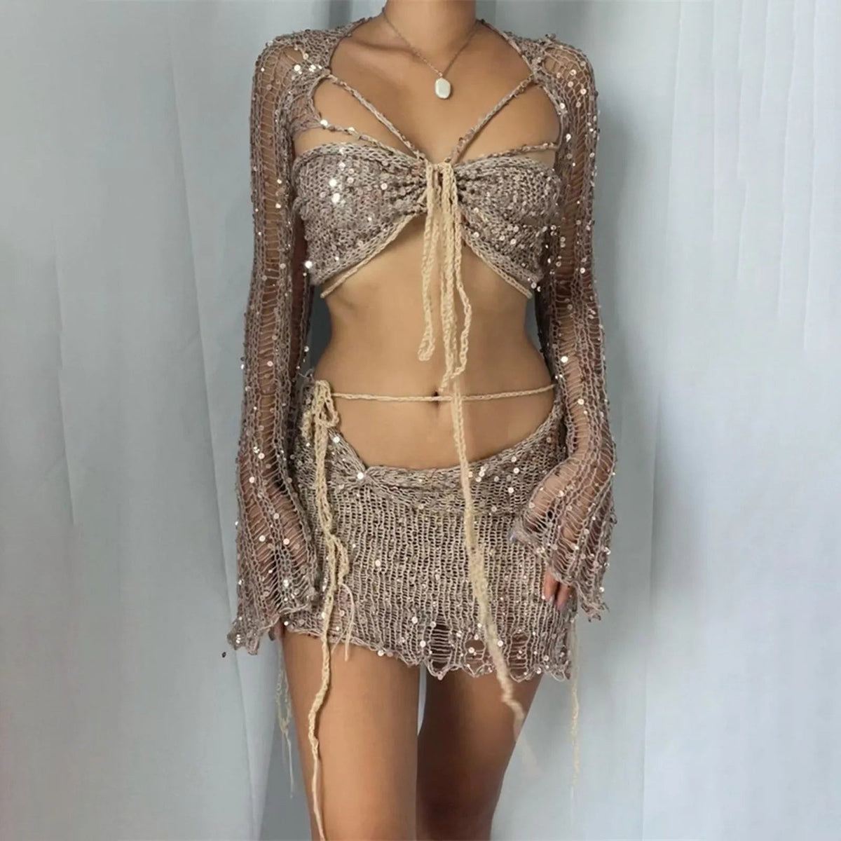 Glitter Sequins Knitted Skirt Sets Women Fashion Hollow Sequins Bandage Tube Top Mini Skirts 3 Piece Outfit Vacation Clothing - Bargain Warriors LLC