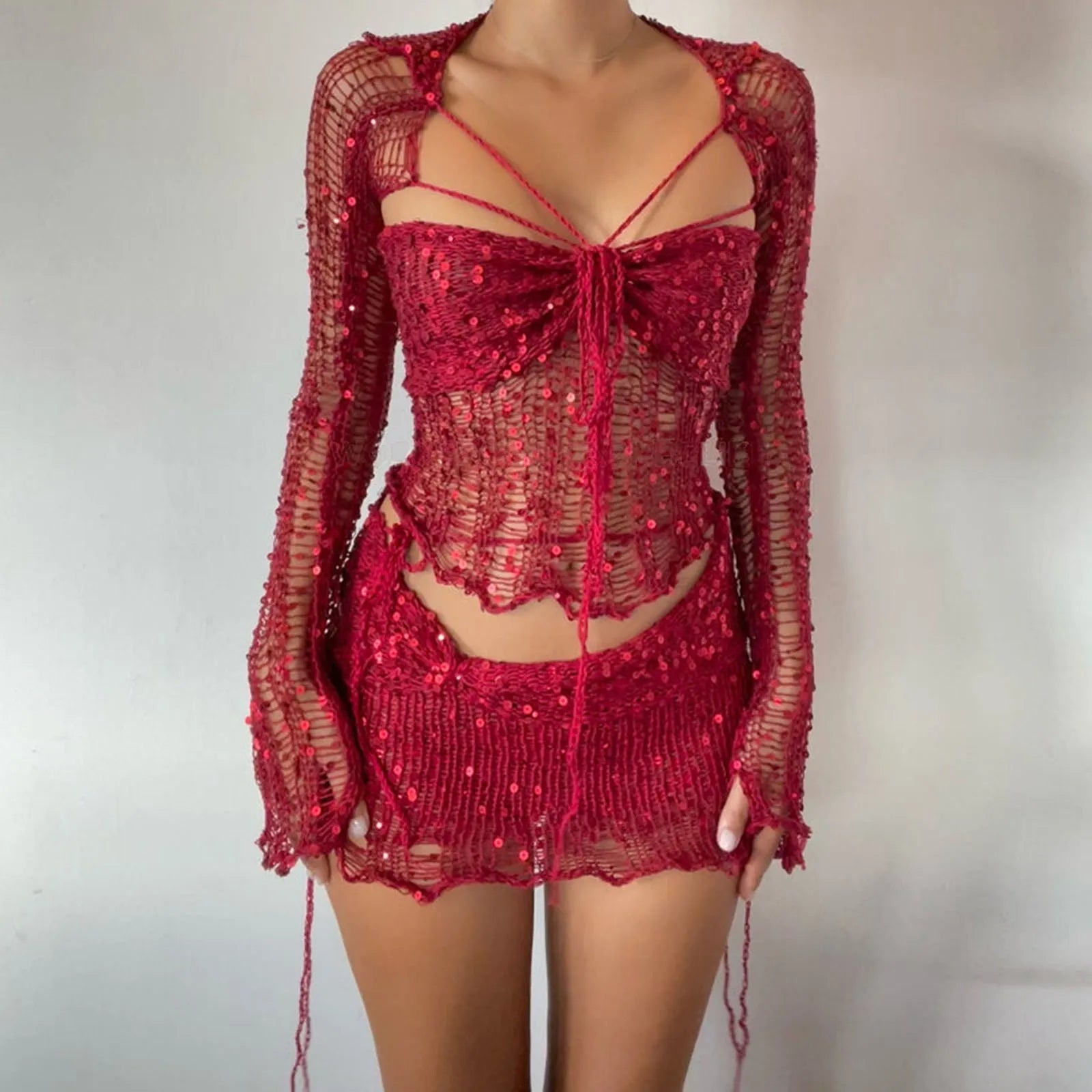 Glitter Sequins Knitted Skirt Sets Women Fashion Hollow Sequins Bandage Tube Top Mini Skirts 3 Piece Outfit Vacation Clothing - Bargain Warriors LLC