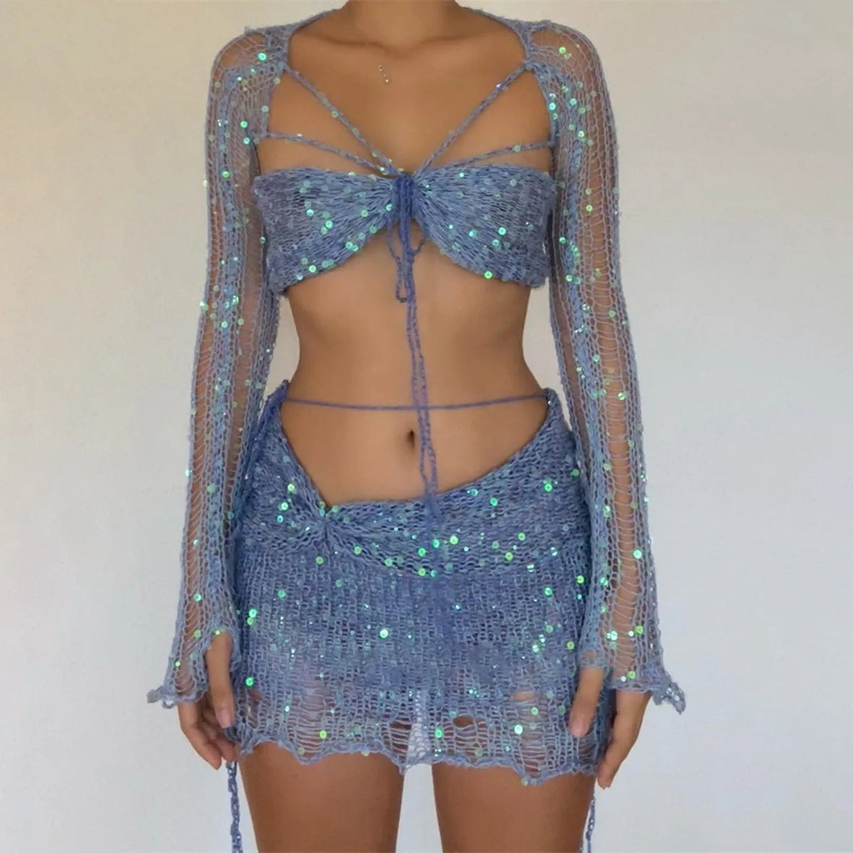 Glitter Sequins Knitted Skirt Sets Women Fashion Hollow Sequins Bandage Tube Top Mini Skirts 3 Piece Outfit Vacation Clothing - Bargain Warriors LLC
