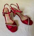 Nina Red Satin Evening Sandals: Step Into Elegance with Rhinestone Detailing - Bargain Warriors LLC