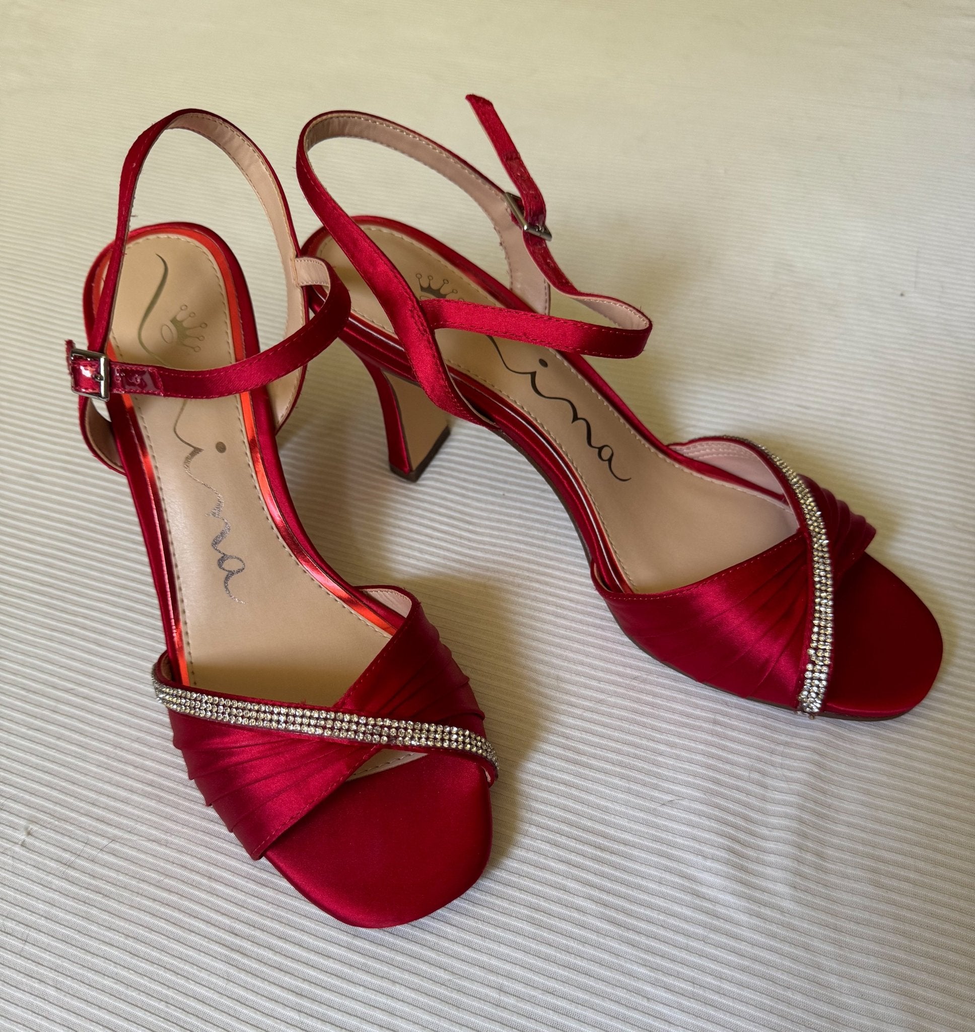Nina Red Satin Evening Sandals: Step Into Elegance with Rhinestone Detailing - Bargain Warriors LLC