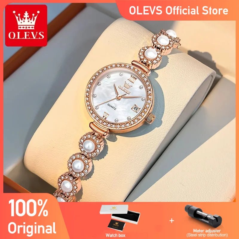 OLEVS 5635 Women Watch Elegant Fashion Original Quartz Watch Waterproof Pearl Watch Chain Automatic Date Ladies Watch Box Reloj - Bargain Warriors LLC