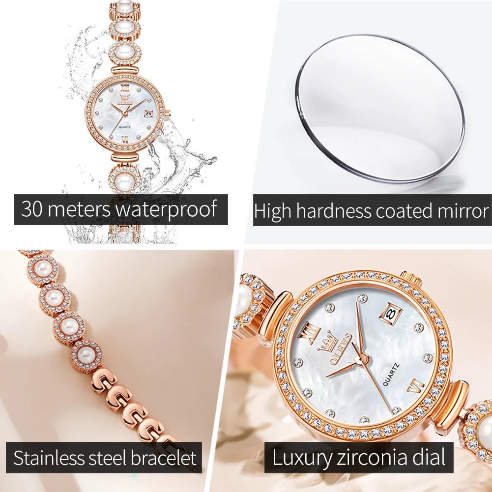OLEVS 5635 Women Watch Elegant Fashion Original Quartz Watch Waterproof Pearl Watch Chain Automatic Date Ladies Watch Box Reloj - Bargain Warriors LLC