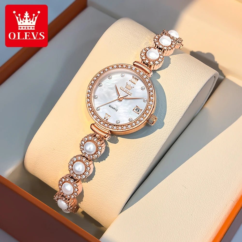 OLEVS 5635 Women Watch Elegant Fashion Original Quartz Watch Waterproof Pearl Watch Chain Automatic Date Ladies Watch Box Reloj - Bargain Warriors LLC