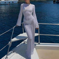 Sexy Women Long Knit Sleeve Bikin Backless Solid Dresses Fashion Cover Up Female See-Through Hollow-Out Beach Knitwear Dress - Bargain Warriors LLC