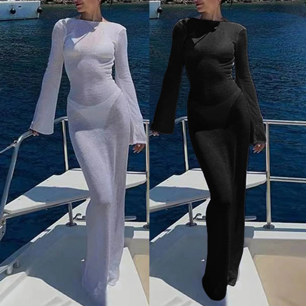Sexy Women Long Knit Sleeve Bikin Backless Solid Dresses Fashion Cover Up Female See-Through Hollow-Out Beach Knitwear Dress - Bargain Warriors LLC