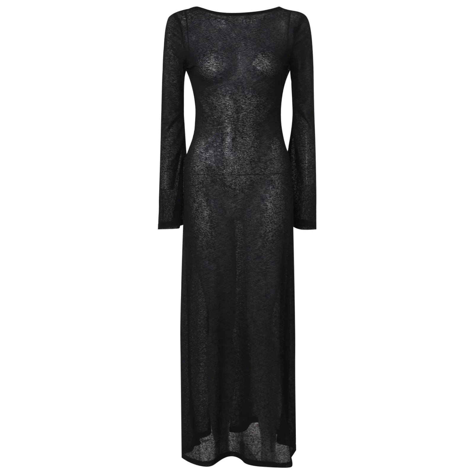 Sexy Women Long Knit Sleeve Bikin Backless Solid Dresses Fashion Cover Up Female See-Through Hollow-Out Beach Knitwear Dress - Bargain Warriors LLC