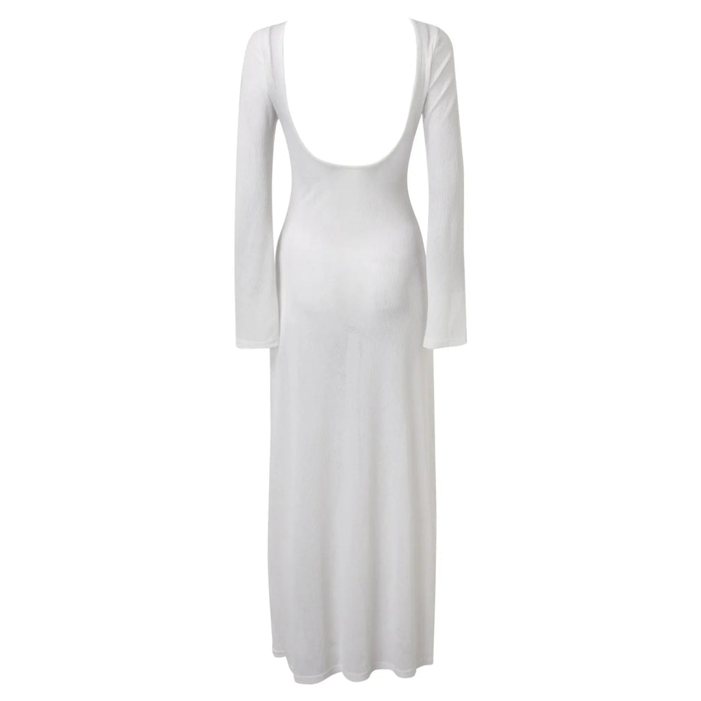 Sexy Women Long Knit Sleeve Bikin Backless Solid Dresses Fashion Cover Up Female See-Through Hollow-Out Beach Knitwear Dress - Bargain Warriors LLC