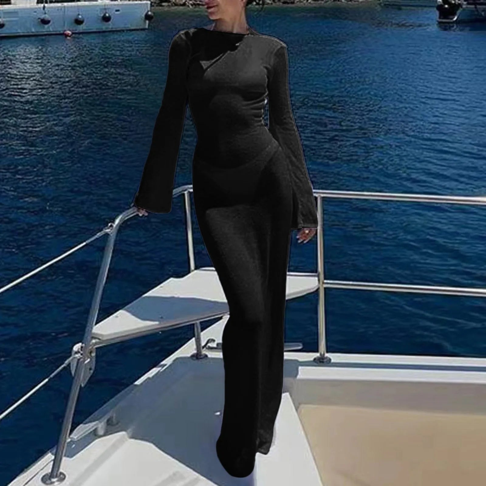 Sexy Women Long Knit Sleeve Bikin Backless Solid Dresses Fashion Cover Up Female See-Through Hollow-Out Beach Knitwear Dress - Bargain Warriors LLC