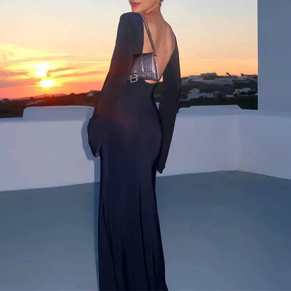 Sexy Women Long Knit Sleeve Bikin Backless Solid Dresses Fashion Cover Up Female See-Through Hollow-Out Beach Knitwear Dress - Bargain Warriors LLC