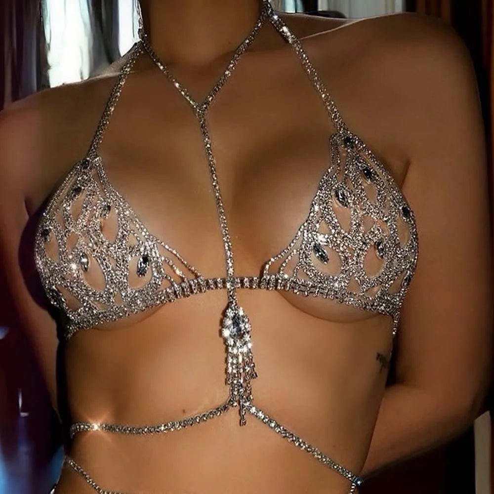 Stonefans Water Drop Tassel Chest Chain Necklace Jewelry Bohemian Women Rhinestone Fashion 2024 New Body Accessories Beach Sexy - Bargain Warriors LLC