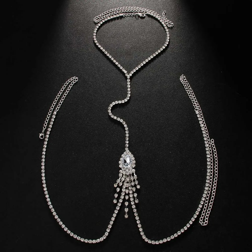 Stonefans Water Drop Tassel Chest Chain Necklace Jewelry Bohemian Women Rhinestone Fashion 2024 New Body Accessories Beach Sexy - Bargain Warriors LLC