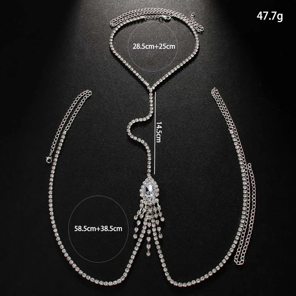 Stonefans Water Drop Tassel Chest Chain Necklace Jewelry Bohemian Women Rhinestone Fashion 2024 New Body Accessories Beach Sexy - Bargain Warriors LLC