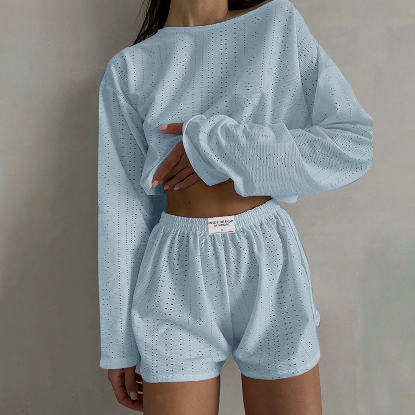 Womens Summer Fashion Casual Two Piece Outfits Casual Shorts Set O Neck Long Sleeve Tops And Shorts Swim Short Suits for Women - Bargain Warriors LLC