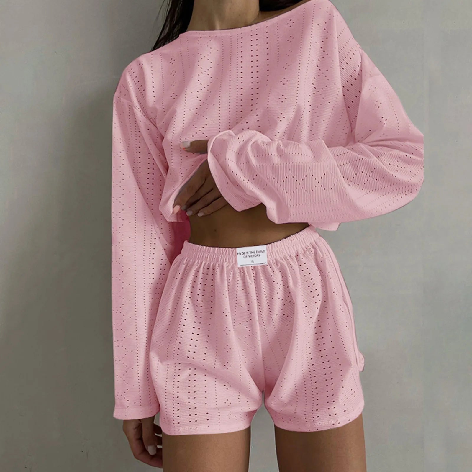 Womens Summer Fashion Casual Two Piece Outfits Casual Shorts Set O Neck Long Sleeve Tops And Shorts Swim Short Suits for Women - Bargain Warriors LLC