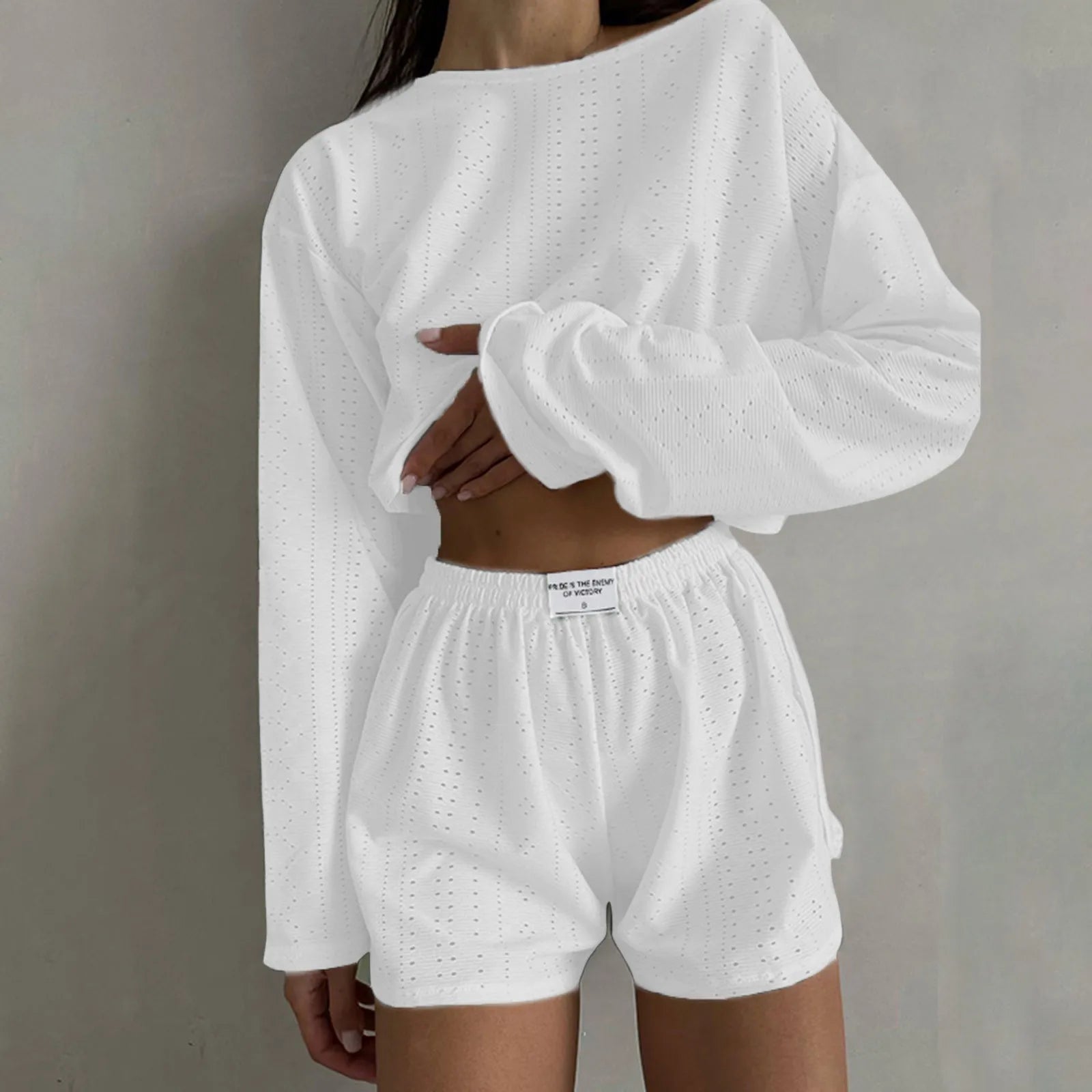 Womens Summer Fashion Casual Two Piece Outfits Casual Shorts Set O Neck Long Sleeve Tops And Shorts Swim Short Suits for Women - Bargain Warriors LLC