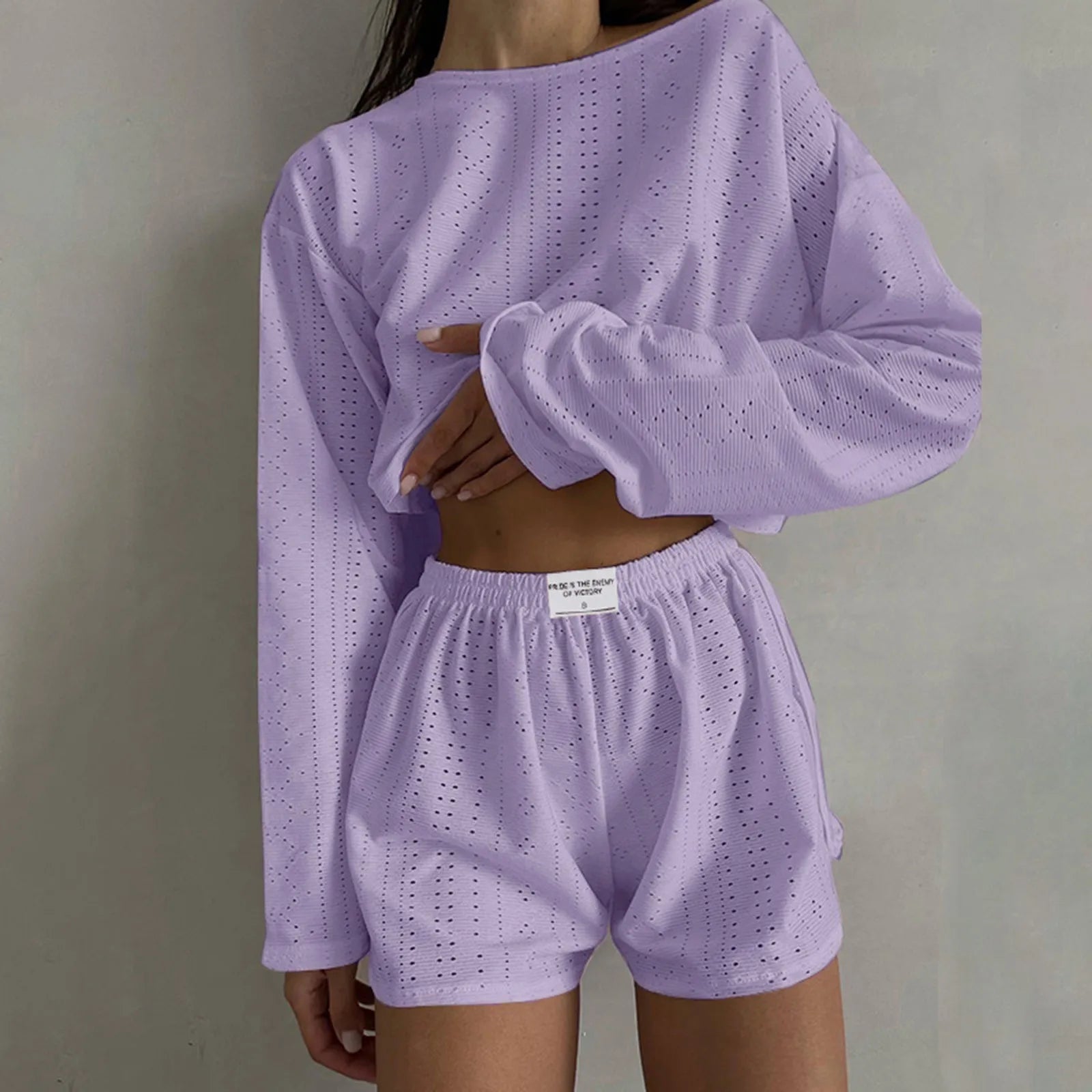 Womens Summer Fashion Casual Two Piece Outfits Casual Shorts Set O Neck Long Sleeve Tops And Shorts Swim Short Suits for Women - Bargain Warriors LLC