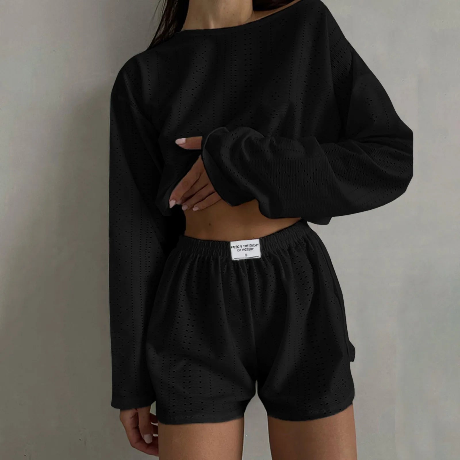 Womens Summer Fashion Casual Two Piece Outfits Casual Shorts Set O Neck Long Sleeve Tops And Shorts Swim Short Suits for Women - Bargain Warriors LLC