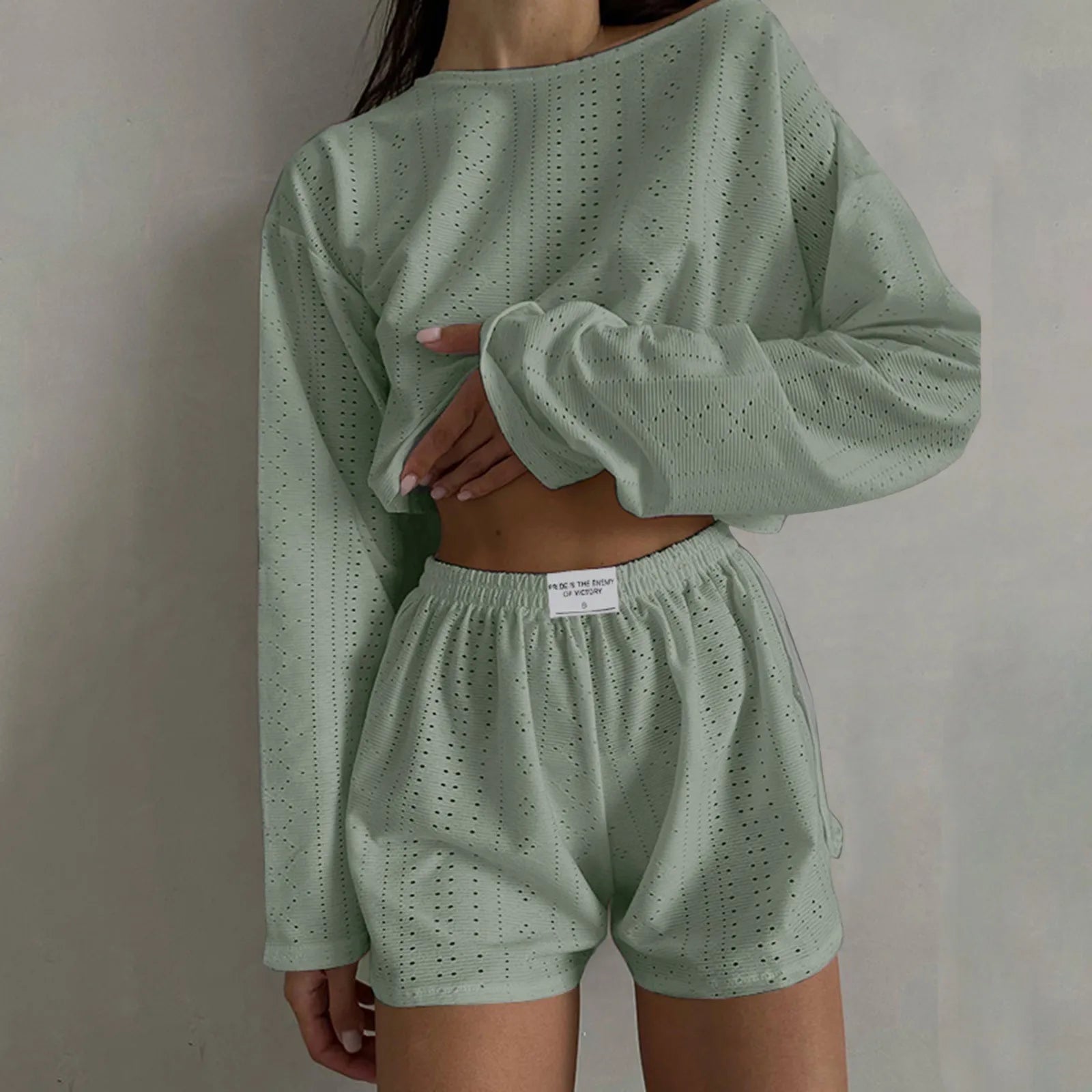 Womens Summer Fashion Casual Two Piece Outfits Casual Shorts Set O Neck Long Sleeve Tops And Shorts Swim Short Suits for Women - Bargain Warriors LLC