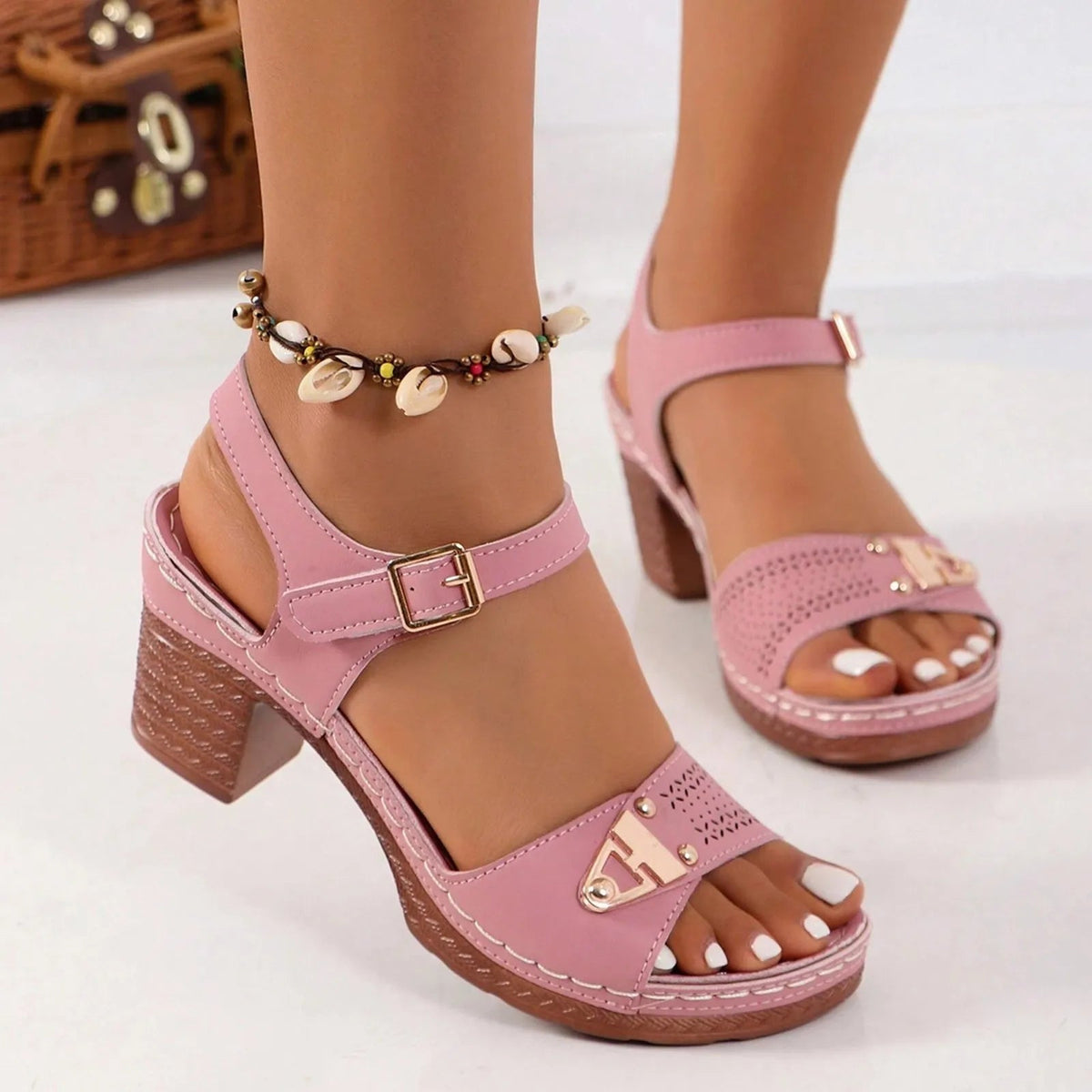 Young Girls' Fashion Sandals With Adjustable Buckles Multi-Strap Thick Medium Heel Solid Color One Line Sandals For Women Sexy - Bargain Warriors LLC
